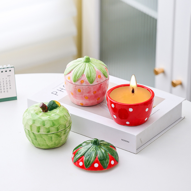 cute fruit apple strawberry ceramic candle jars container pink green