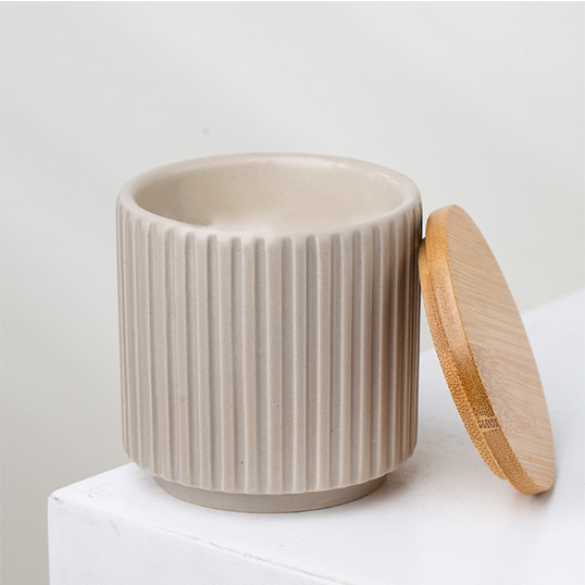 vertical stripe matt blush ceramic candle jar container with lid